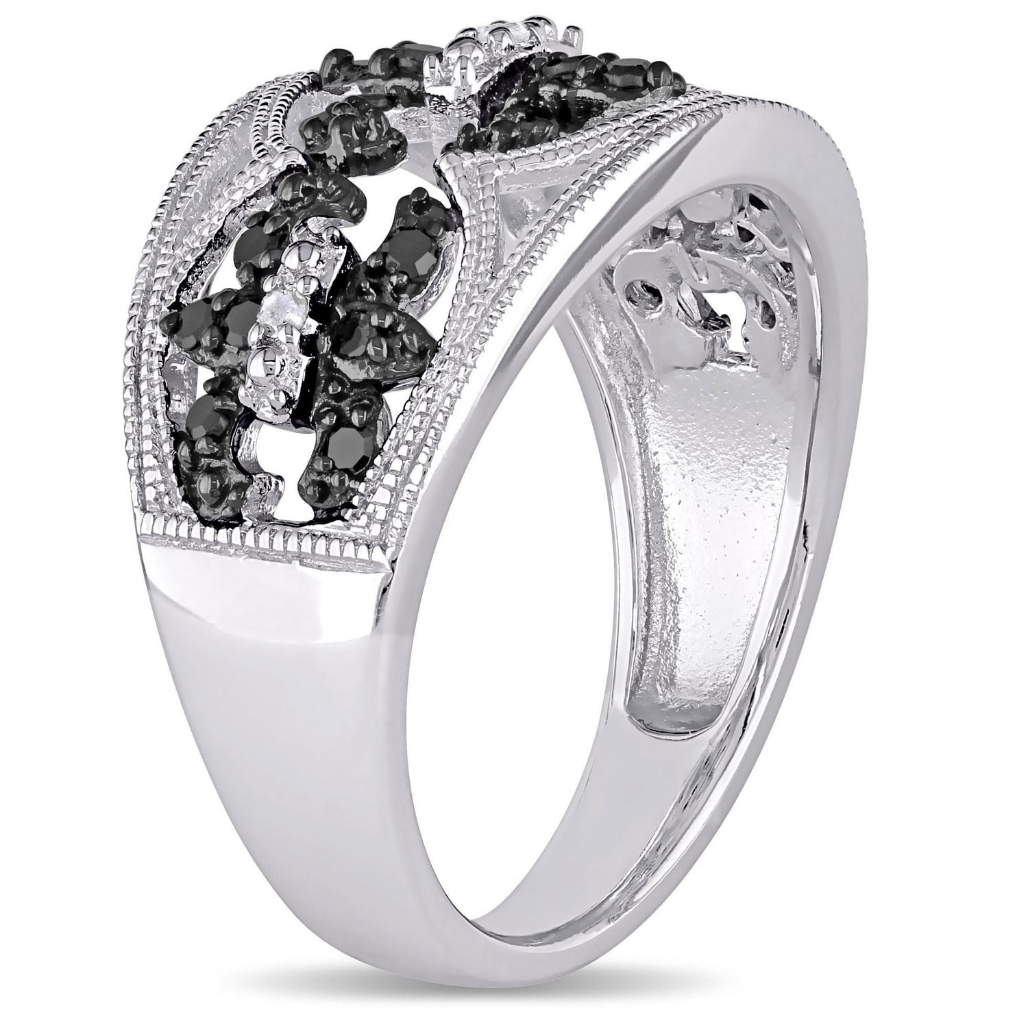 Bague fleur de lys Asteria avec diamants noirs et blancs 1/4 CT poids total en argent sterling