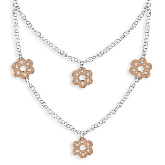 Tangelo Rose and White Italian Sterling Silver 2-Strand Flower Scroll Necklace, 22"