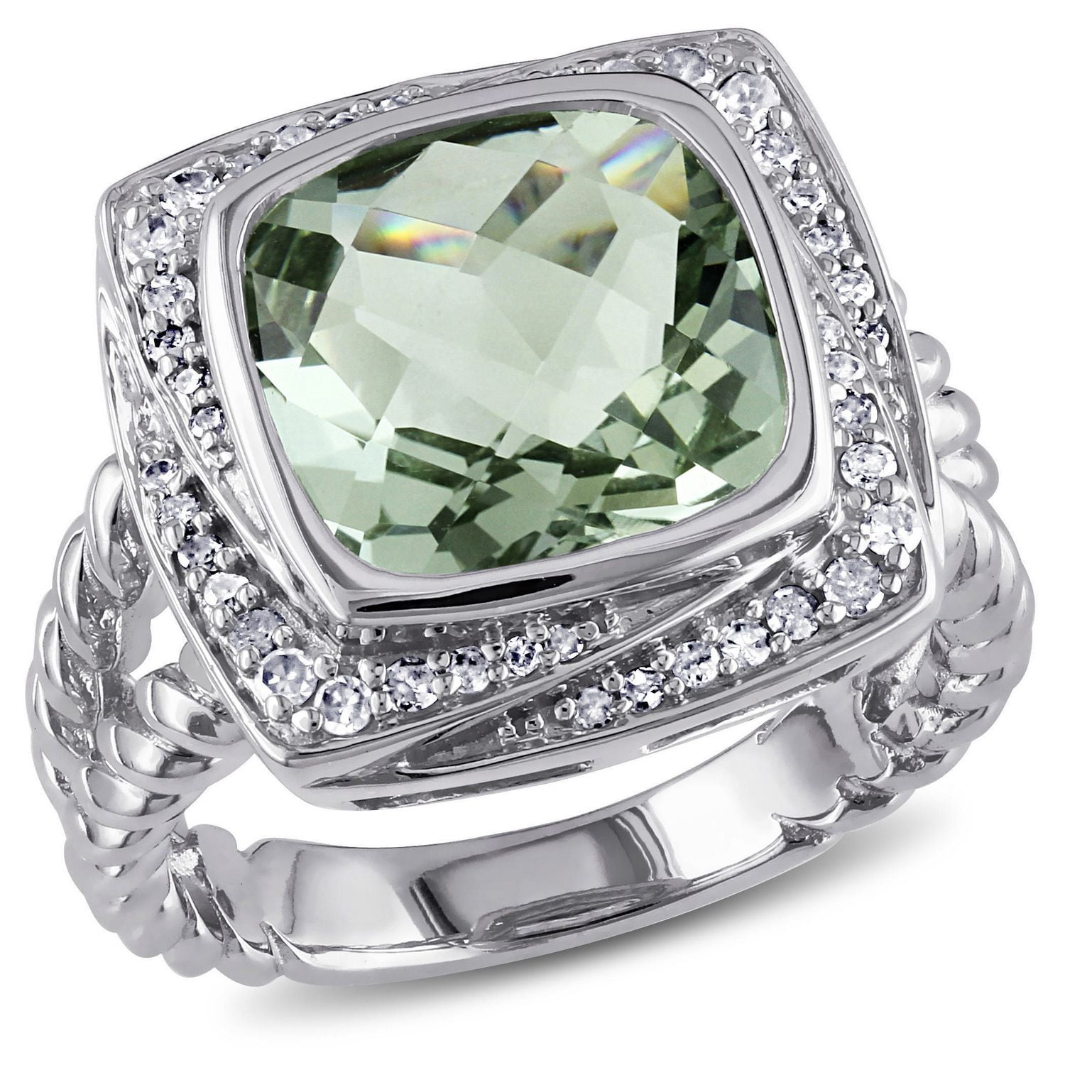 Tangelo 4 Carat T.G.W. Green Amethyst and 1/4 Carat T.W. Diamond Sterling Silver Cocktail Ring