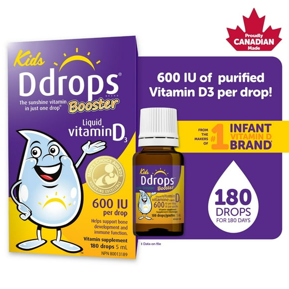 Supplément vitaminique de vitamine liquide D3 Booster de Ddropsᴹᴰ, 600 UI 5 ml, 180 gouttes