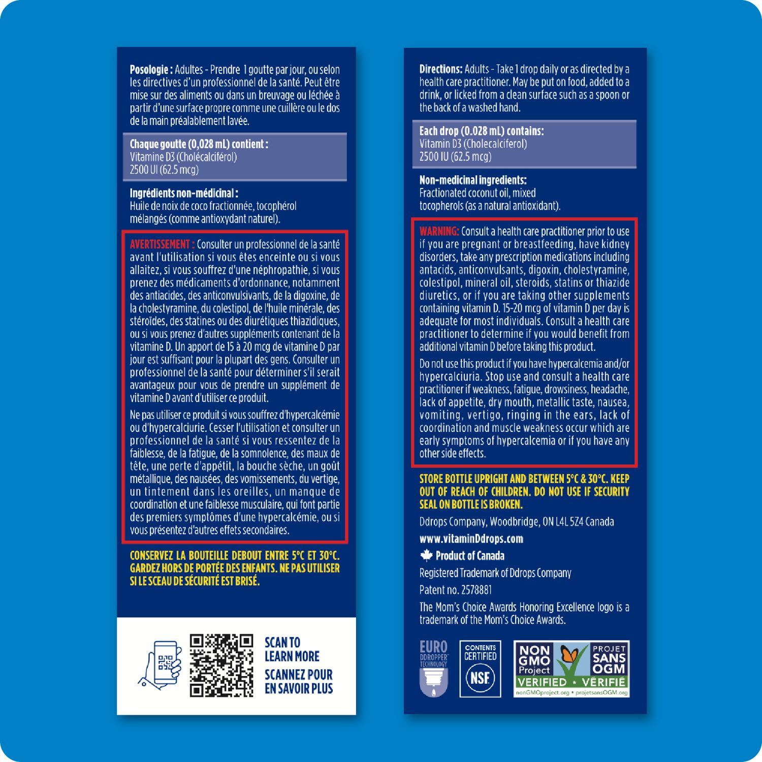 Supplement vitaminique de vitamine liquide D3 extra-forte de Ddropsᴹᴰ, 2500 UI