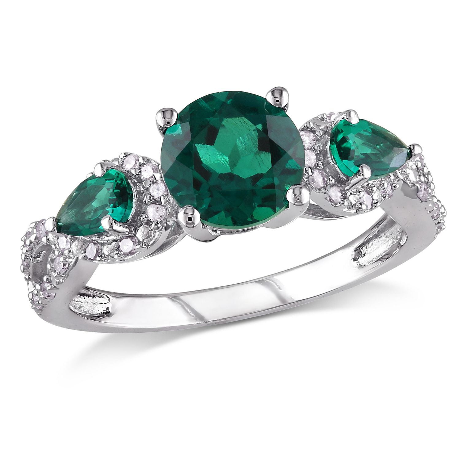 Tangelo 1-5/8 Carat T.G.W. Created Emerald and 1/6 Carat T.W. Diamond Sterling Silver Three Stone Ring