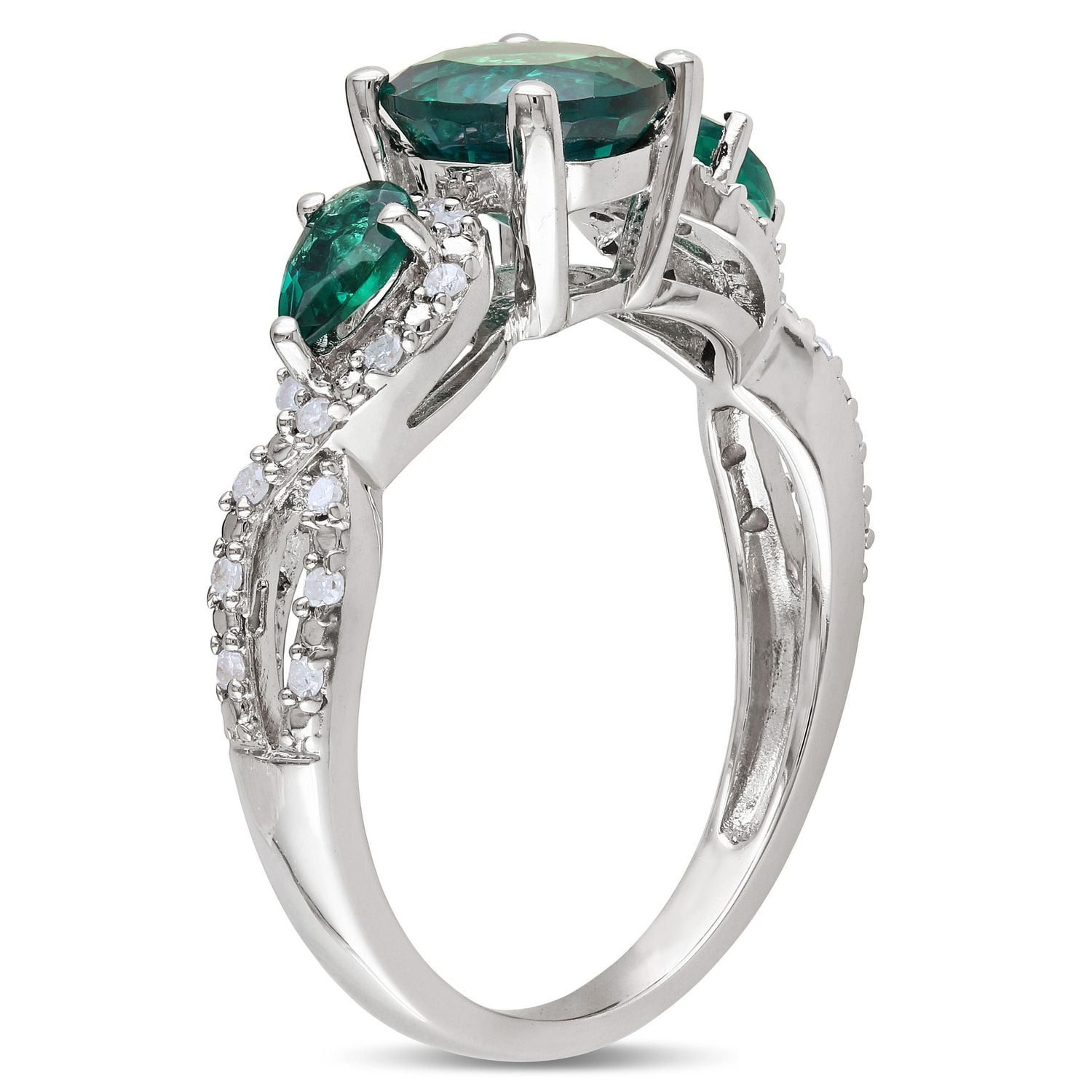 Tangelo 1-5/8 Carat T.G.W. Created Emerald and 1/6 Carat T.W. Diamond Sterling Silver Three Stone Ring