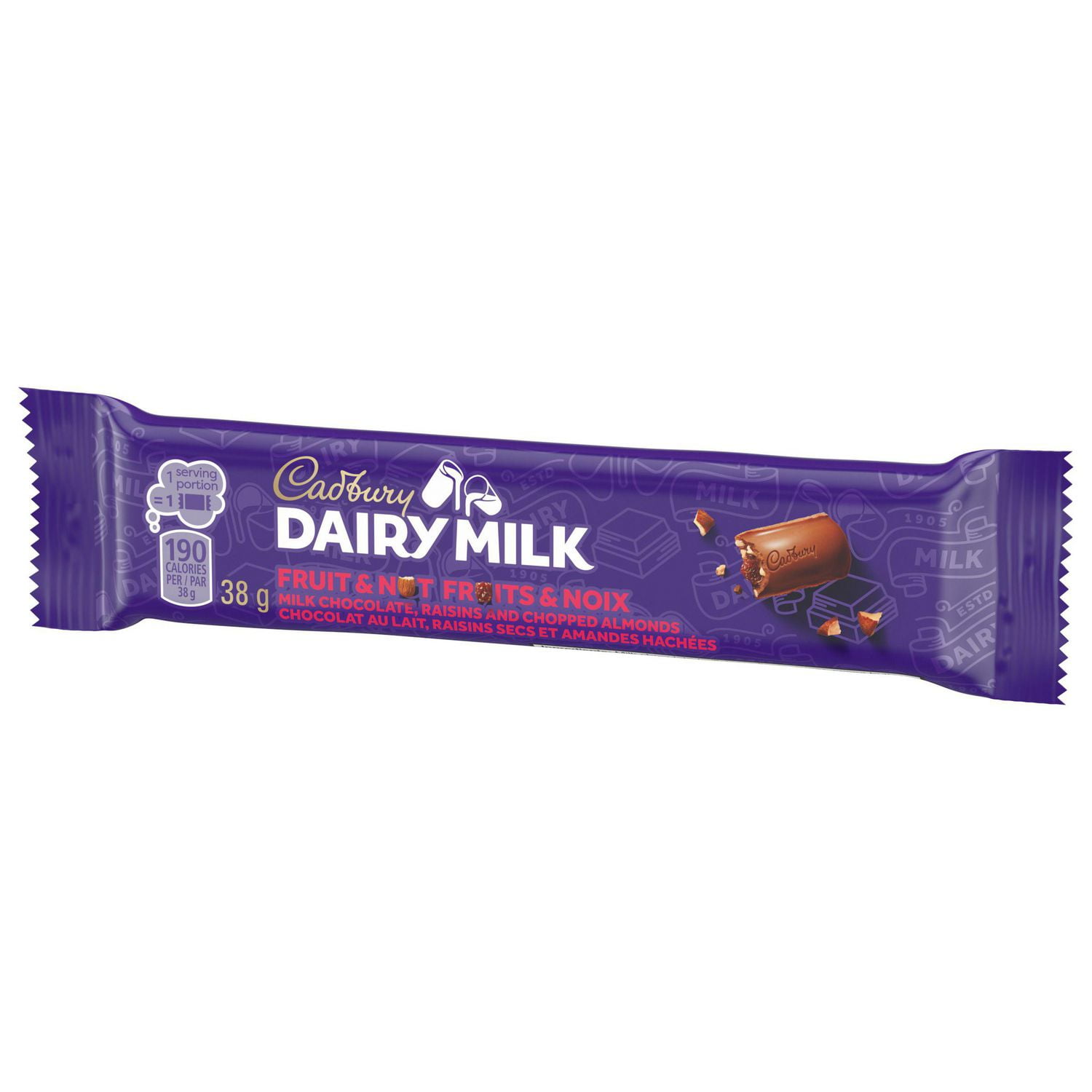 CADBURY DAIRY MILK, Fruit & Nut Chocolate Bar, Milk Chocolate with Raisins and Chopped Almonds, Milk Chocolate Bar, 38 g