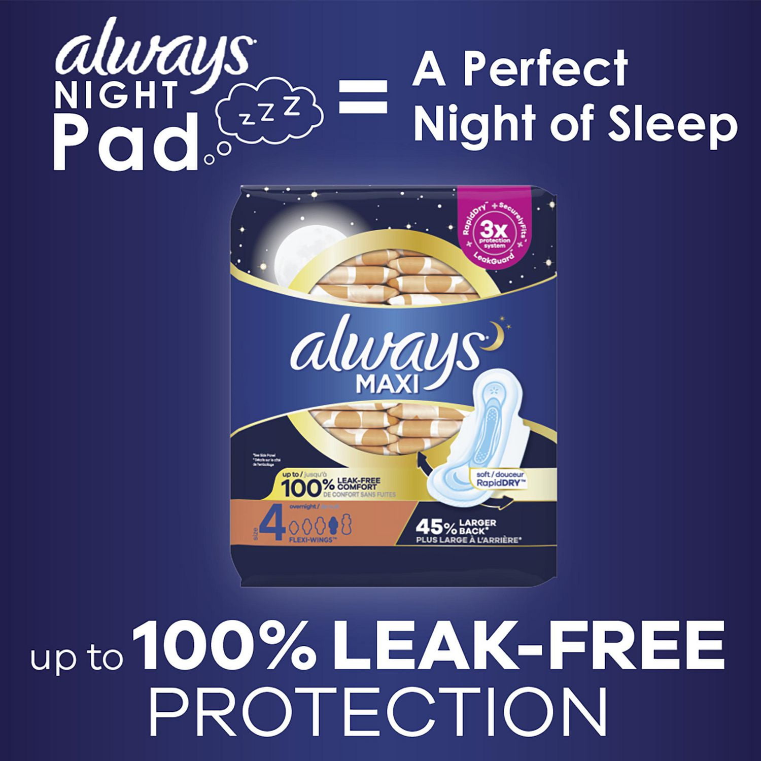 Always, Maxi Pads For Women, Size 4, Overnight Absorbency With Wings, 144  Count
