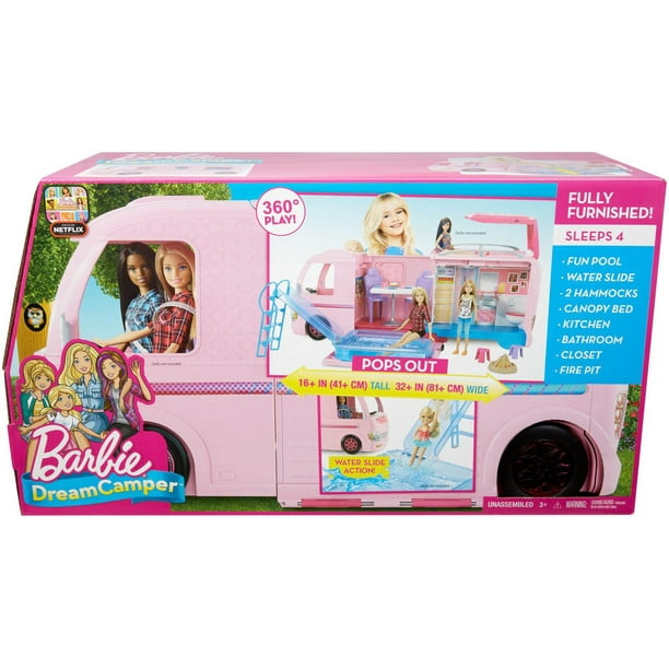 Barbie Camper, Doll Playset with 50 Accessories, Includes Waterslide, 2  Hammocks, Canopy Bed & Fireplace, Dream Camper ( Exclusive)