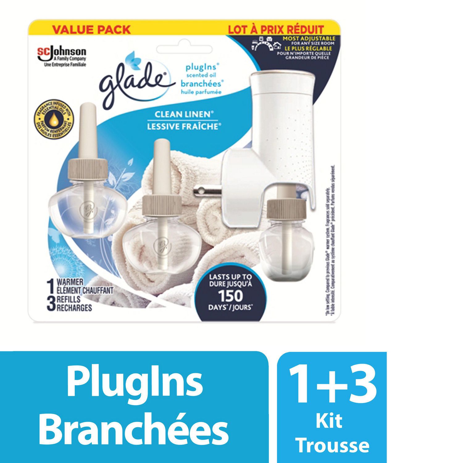 Glade PlugIns Scented Oil Air Freshener Kit, Clean Linen, 3 Refills + 1