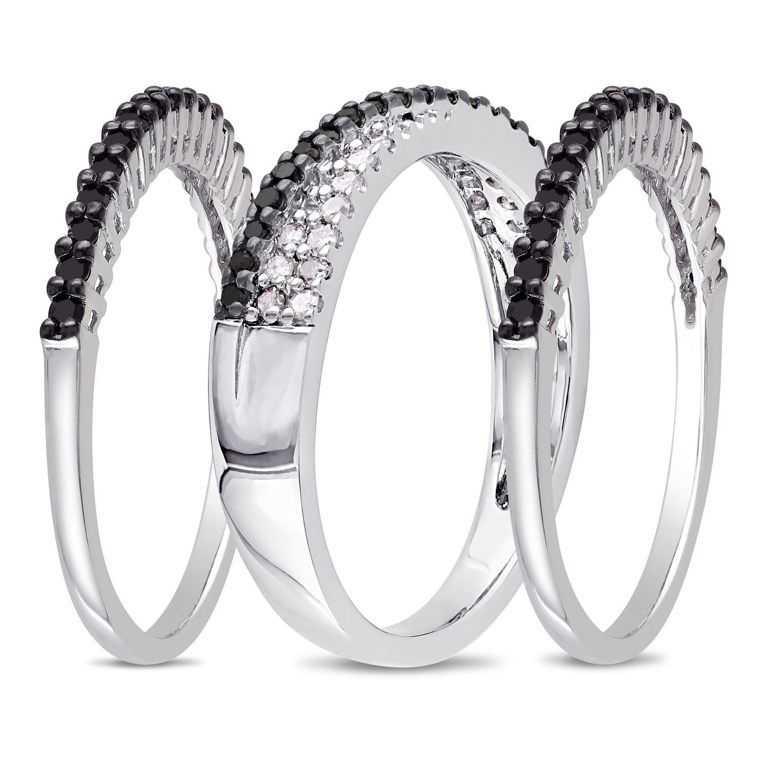 Asteria 5/8 Carat T.W. Black and White Diamond Sterling Silver Three Piece Anniversary Stackable Ring Set