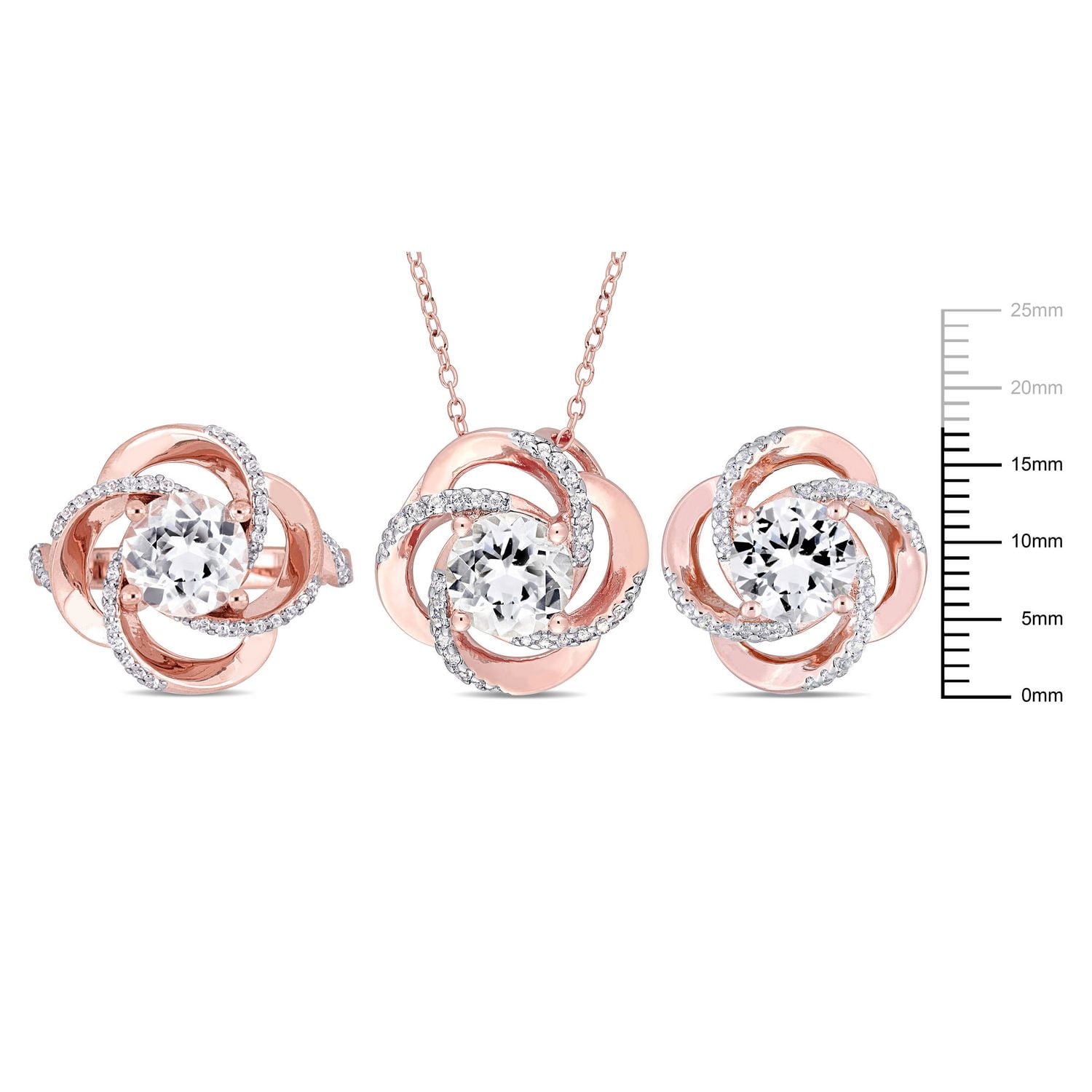 Ensemble de pendentif, boucles d'oreille et bague torsadés Miabella avec topazes blanches 10-1/3 CT PBT en argent sterling plaqué de rhodium rosé