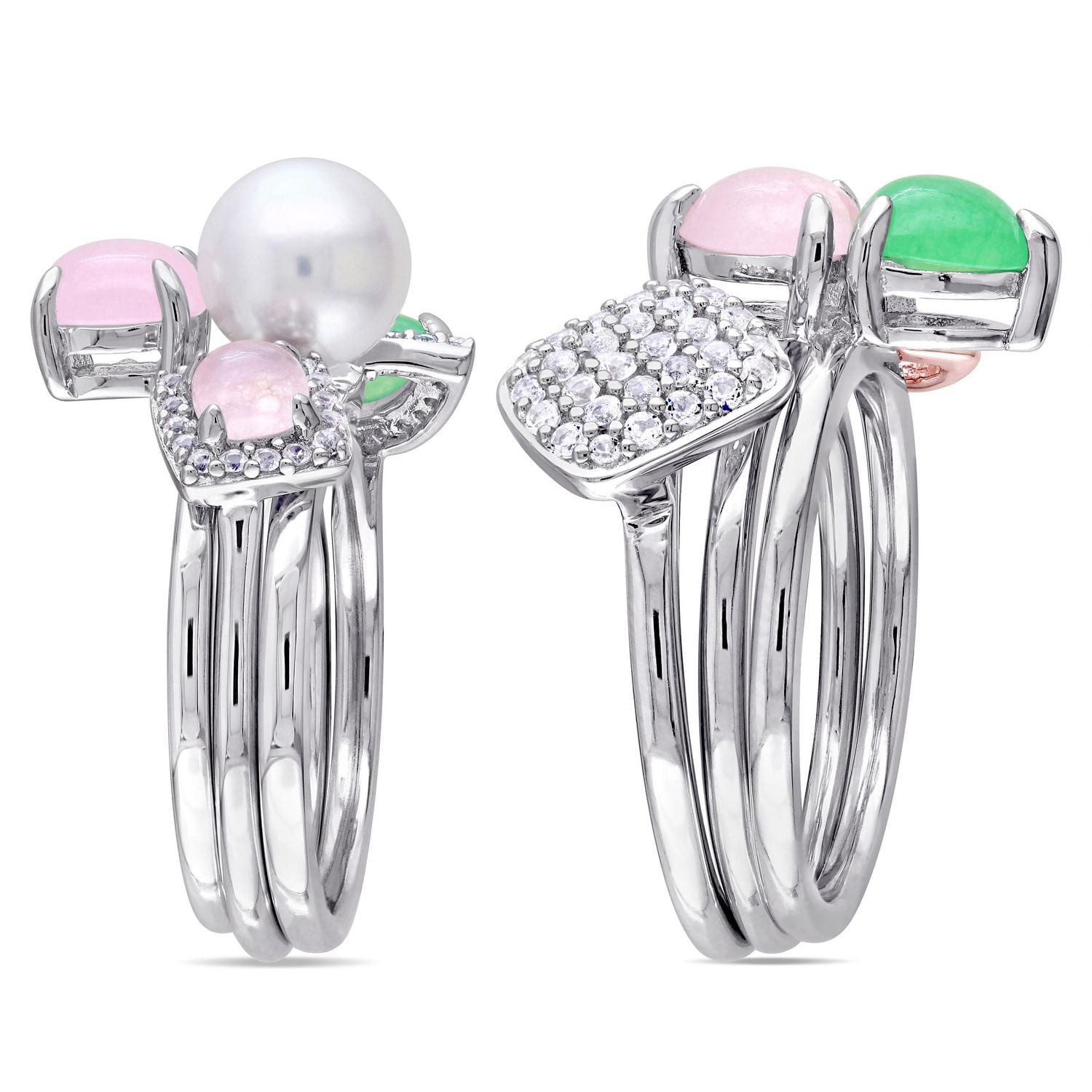 Ensemble de 6 bagues Tangelo avec quartz multicolores, perles et topazes blanches 4-3/8 CT PBT en argent sterling