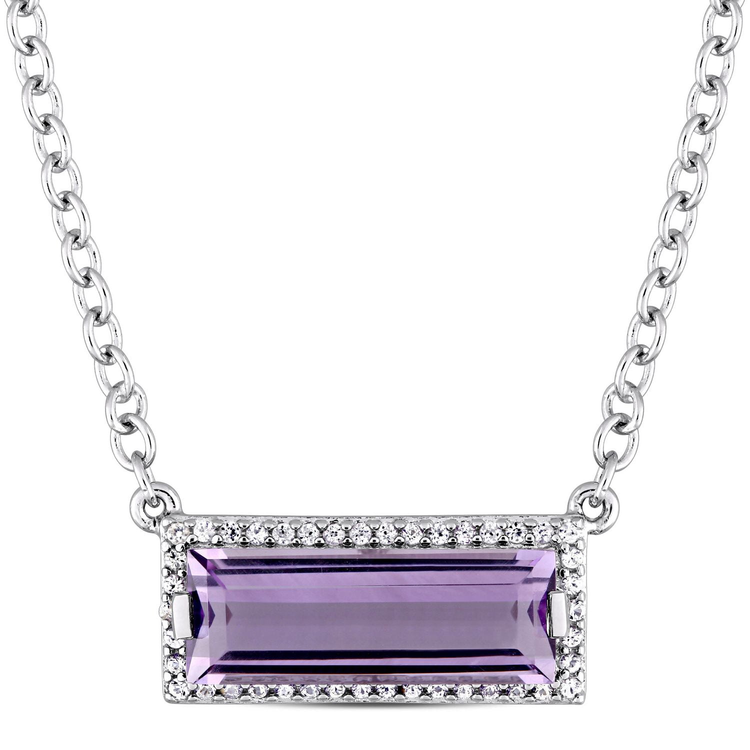 Tangelo 2-3/8 Carat T.G.W. Amethyst and White Sapphire Sterling Silver Baguette Halo Necklace, 17"
