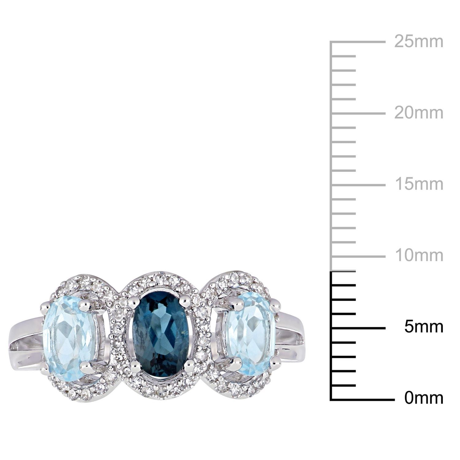 Bague auréole à 3 pierres Tangelo avec topazes bleues 1-3/5 CT PBT et diamants 1/5 CT poids total en argent sterling