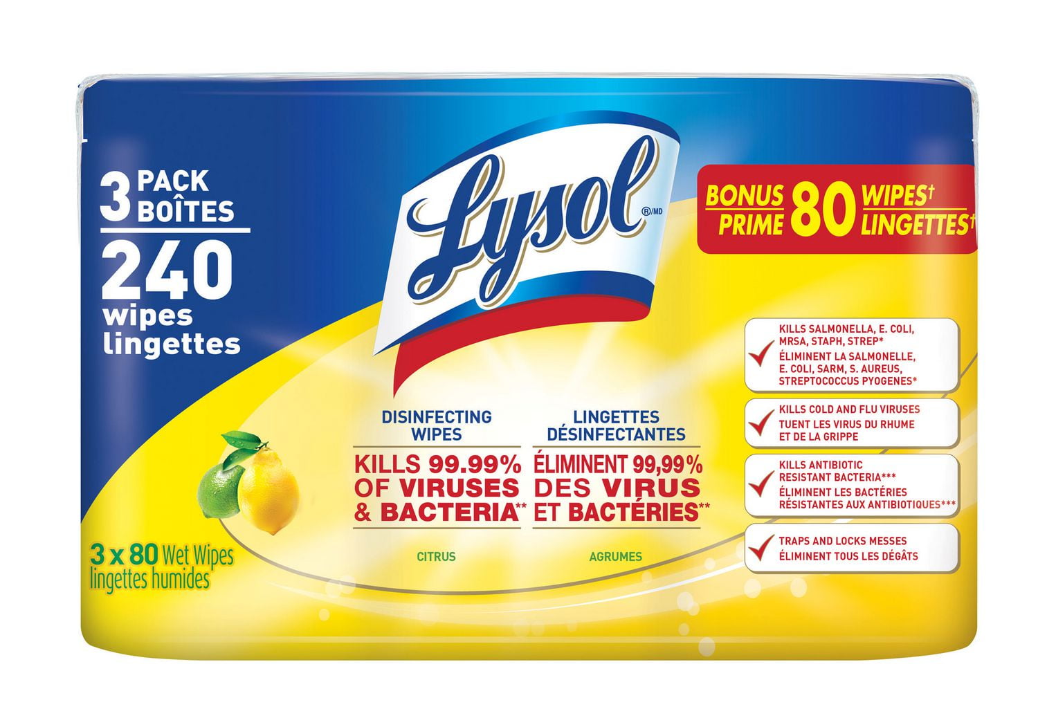Lysol Disinfecting Surface Wipes, Citrus, 3X80 Wipes, Disinfectant