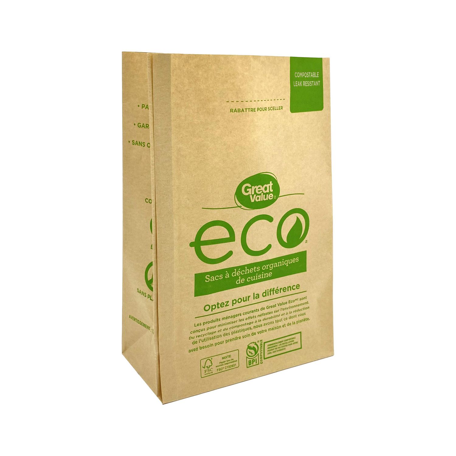 Petits sacs-poubelle compostables verts Great Value 10 l