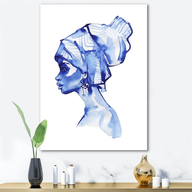 Designart Blue Fashion Portrait of Afro American Woman Canvas Wall Art ...