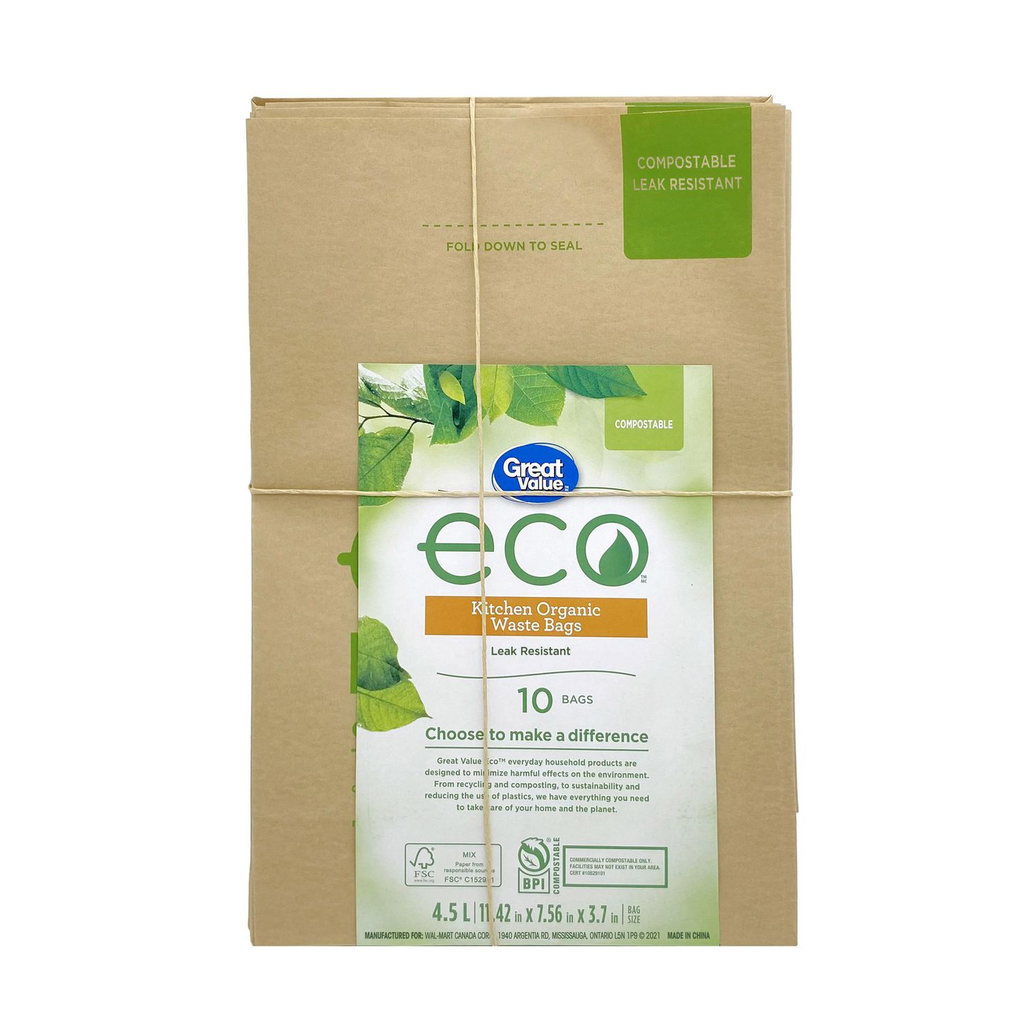 Sacs compostables verts format Petit Great Value 41,4 x 42,2 