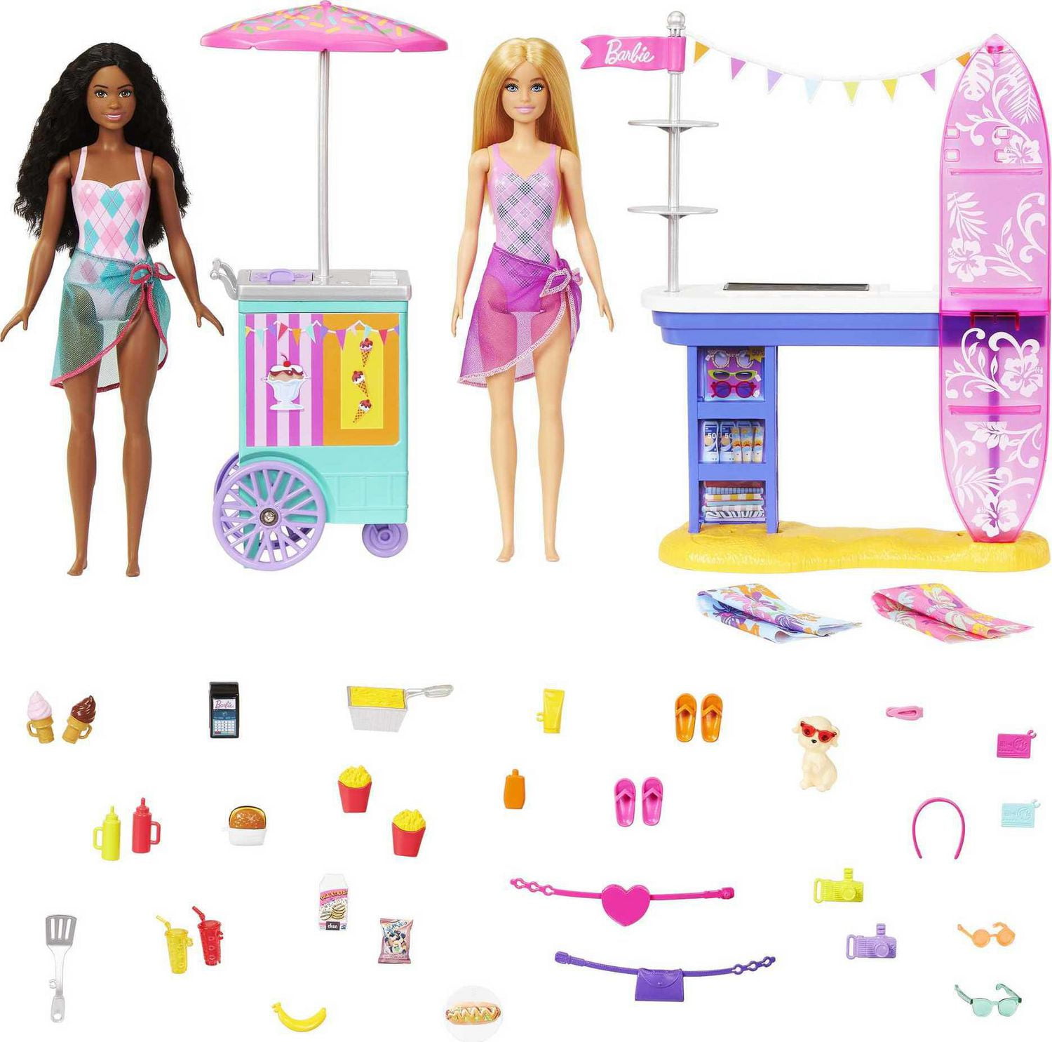 Barbie Beach Boardwalk Playset with Barbie Brooklyn Malibu Dolls 2 Stands 30 Accessories