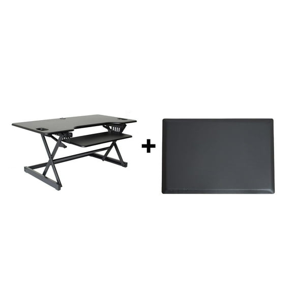 Rocelco 46" Large Height Adjustable Standing Desk Converter with Anti Fatigue Mat BUNDLE - Quick Sit Stand Up Triple Monitor Riser - Retractable Keyboard Tray (Black)