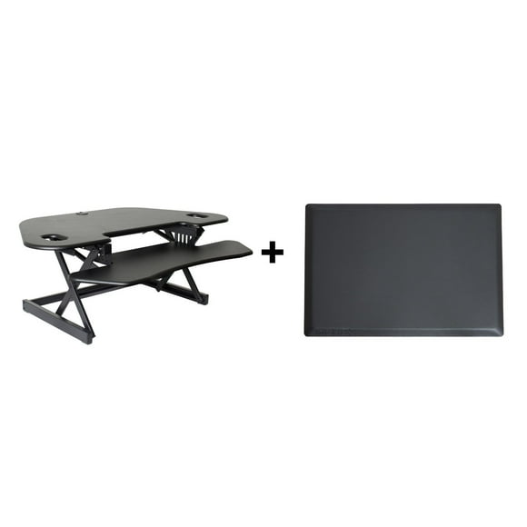 Rocelco 46" Height Adjustable Corner Standing Desk Converter with Anti Fatigue Mat BUNDLE - Quick Sit Stand Up Dual Monitor Riser - Computer Workstation - Keyboard Tray (Black)