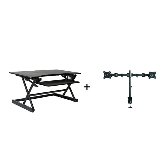 Rocelco 40" Large Height Adjustable Standing Desk Converter with Dual Monitor Mount BUNDLE - Quick Sit Stand Up Computer Workstation Riser - Retractable Keyboard Tray (Black)