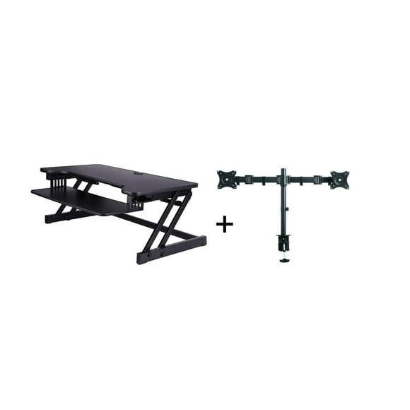 Rocelco 37.5" Deluxe Height Adjustable Standing Desk Converter with Dual Monitor Mount BUNDLE - Quick Sit Stand Up Computer Workstation Riser - Large Retractable Keyboard Tray (Black)