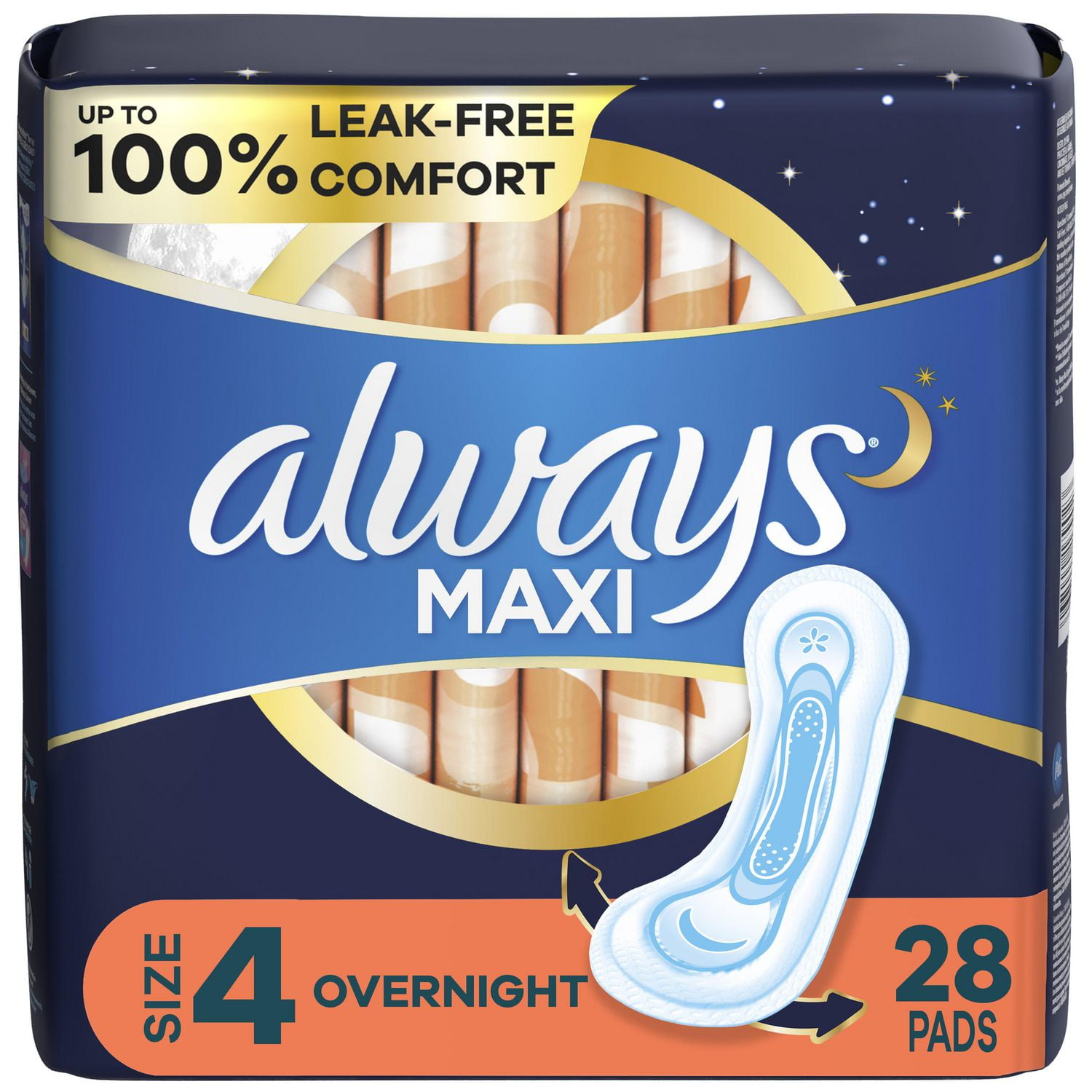 Always Maxi Overnight Pads without Wings, Size 4, Overnight, Unscented, 28  Pads