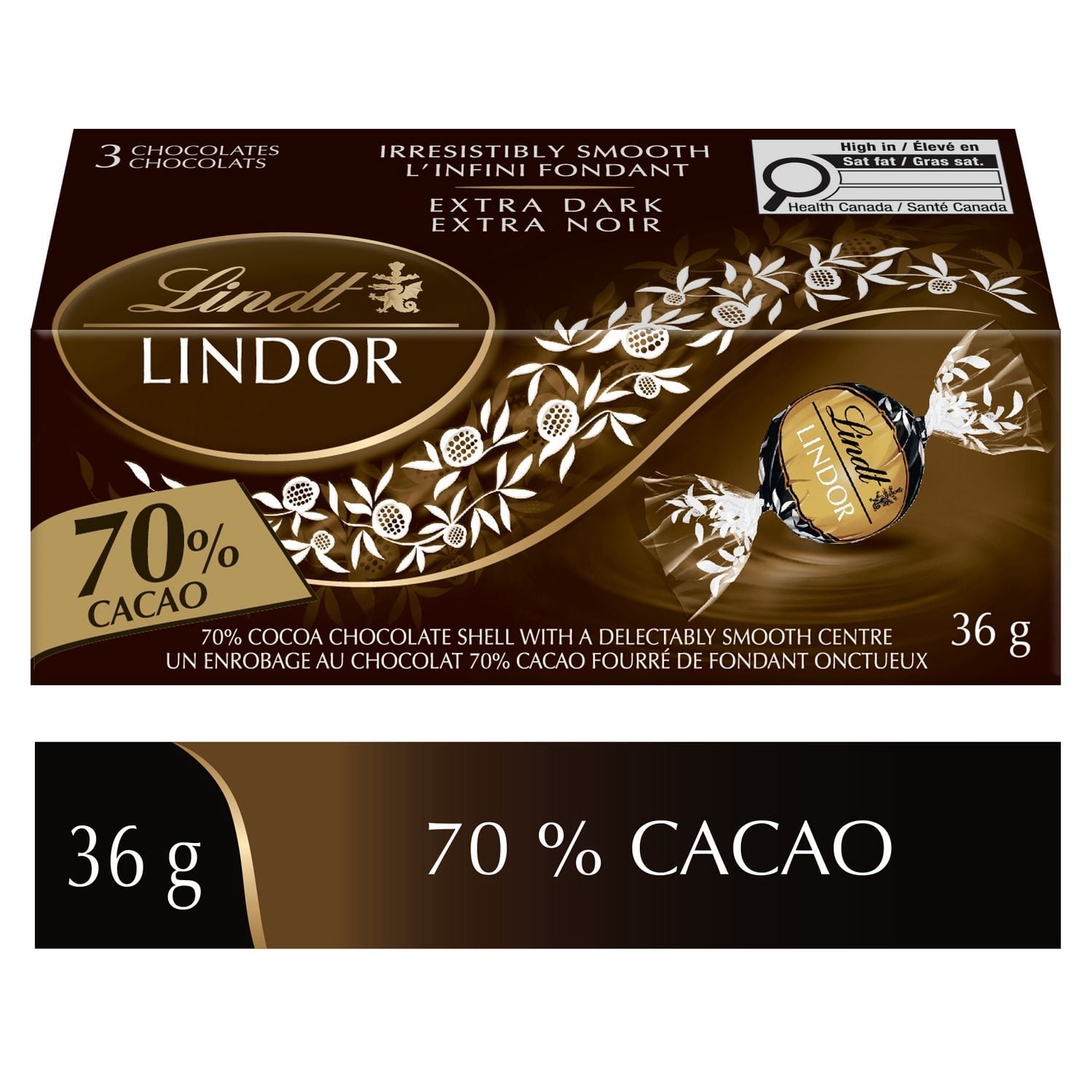 Truffes LINDOR au chocolat noir à 70 % de cacao de Lindt – Boîte de trois (36 g)