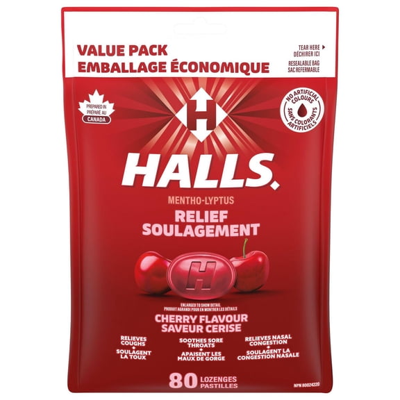 HALLS Cherry Flavour Cough Drops, Throat Lozenges, Sore Throat Relief, Mentho-Lyptus,  Prepared in Canada