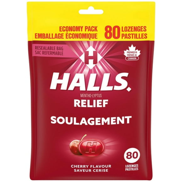 HALLS Cherry Flavour Cough Drops, Throat Lozenges, Sore Throat Relief, Mentho-Lyptus,  Prepared in Canada, 80 Lozenges