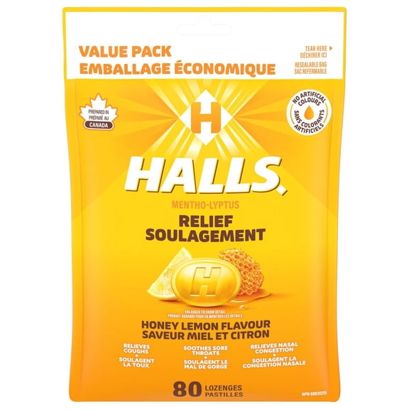 HALLS Honey Lemon Flavour Cough Drops, Throat Lozenges, Sore Throat Relief, Mentho-Lyptus, Prepared in Canada