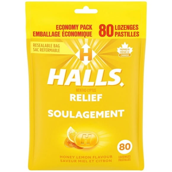HALLS Honey Lemon Flavour Cough Drops, Throat Lozenges, Sore Throat Relief, Mentho-Lyptus, Prepared in Canada, 80 Lozenges