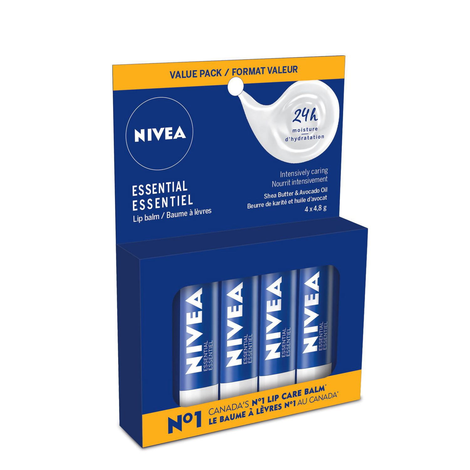 NIVEA Essential Caring 24H Moisture Lip Balm Sticks, Value Pack of 4