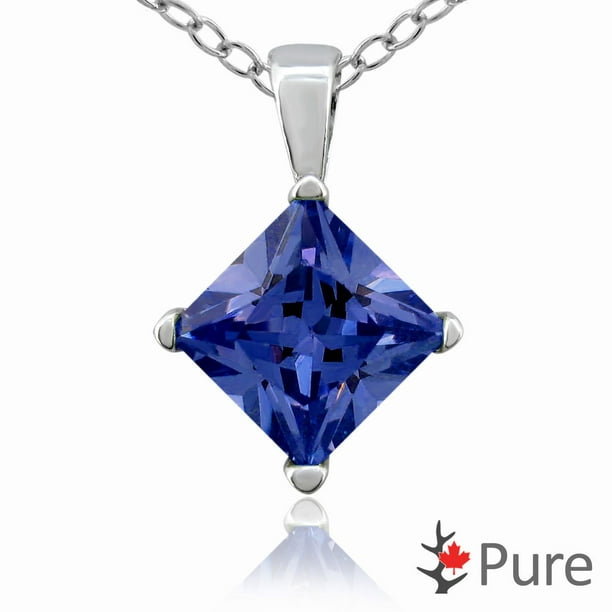 Pendentif Pure en argent sterling avec 3,00 carat poids total ZC saphir bleu en forme de diamant carré 8mm, et une chaîne de 18 po