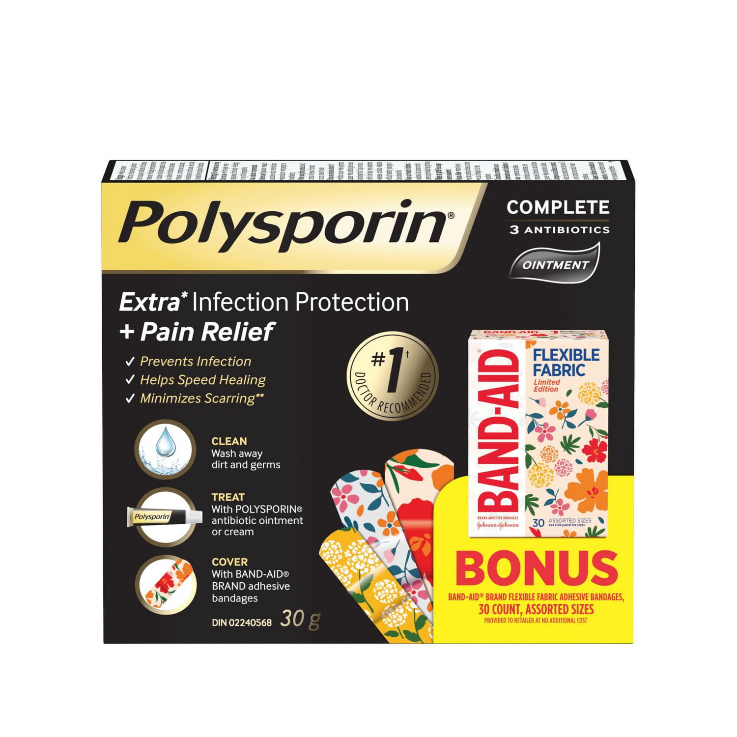 Polysporin® Complete Ointment 30g Tube, BAND-AID® Brand Decorated Flexible Fabric Bandages, Wildflower, Assorted Sizes, 30 count.