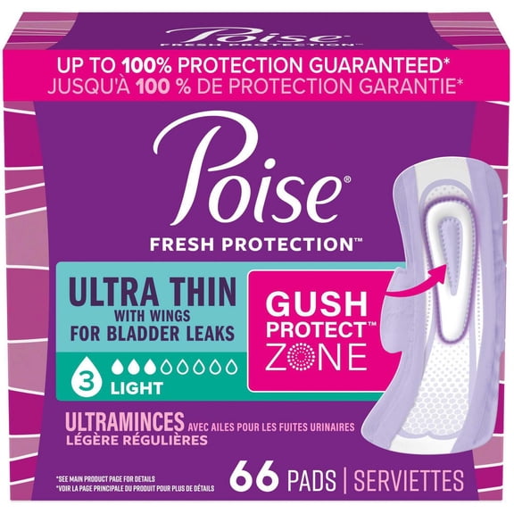 Poise Ultra Thin Incontinence Pads with Wings, 3 Drop Light Absorbency, 66 Count