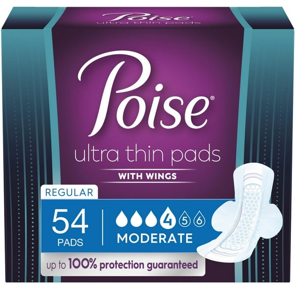 Poise Ultra Thin Postpartum Incontinence Pads with Wings, Moderate Absorbency, Regular Length, 54 Count, PSE UT WNG MOD 54