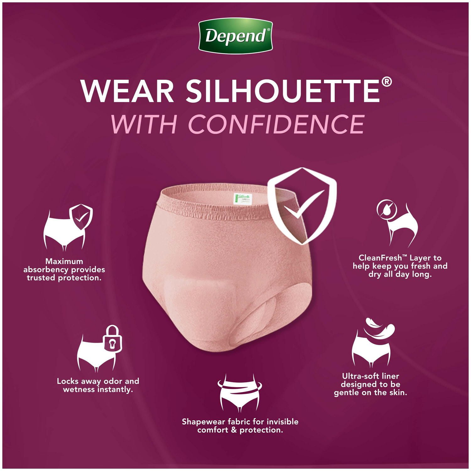 Depend Silhouette Incontinence/Postpartum Underwear for Women, Maximum  Absorbency, Medium, Berry & Teal, 56 Count (2 Packs of 28)