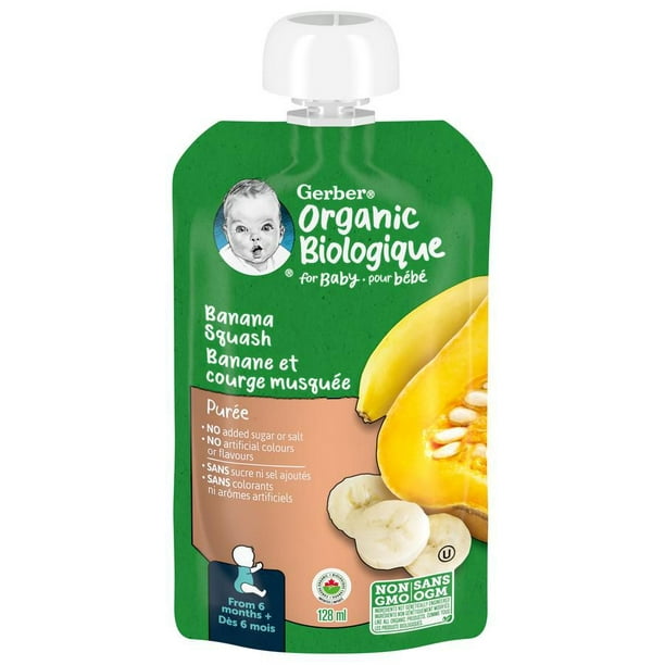 Purée GERBER Biologique Banane Courge, aliment pour bébé, 128 ml 128 ML
