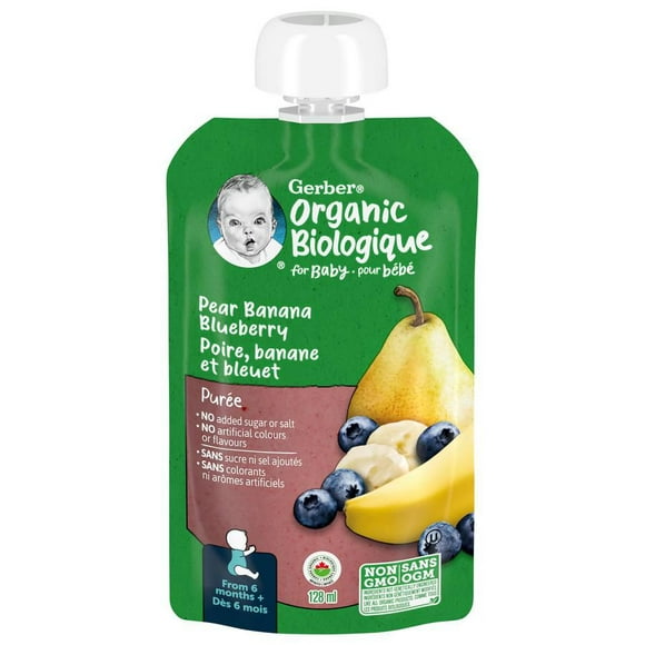 GERBER Organic Purée, Pear Banana Blueberry, Baby Food, 128 ml, 128 ML