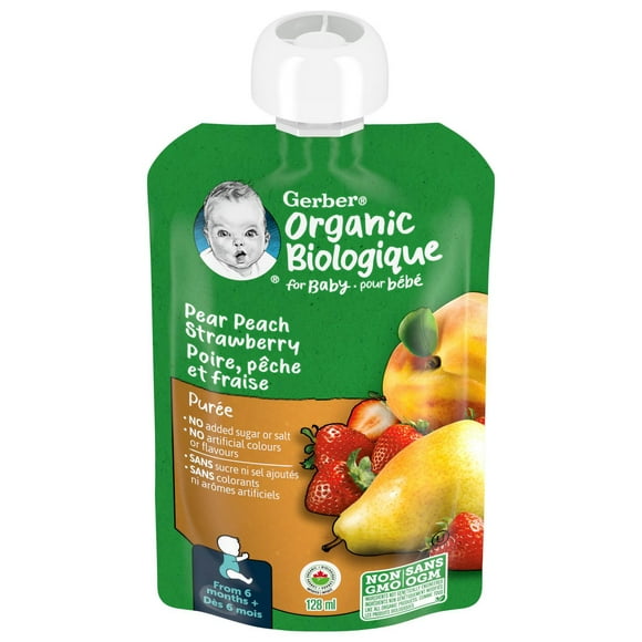 GERBER Organic Purée, Pear Peach Strawberry, Baby Food, 128 mL