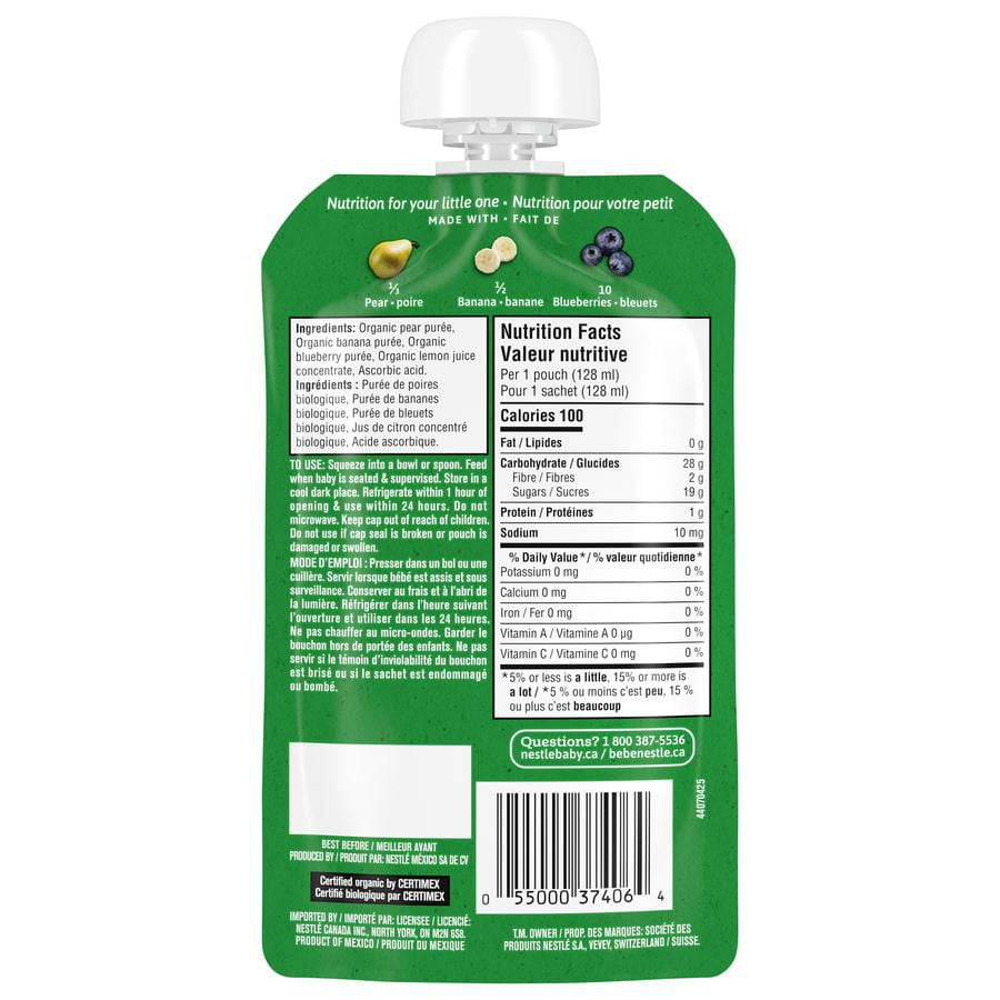 GERBER Organic Purée, Pear Banana Blueberry, Baby Food, 128 mL