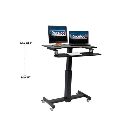 Rocelco 40" Height Adjustable Mobile Standing Desk - Sit Stand Home Office School Computer Workstation Riser - Dual Monitor Keyboard Tray Gas Spring Assist  (Black)