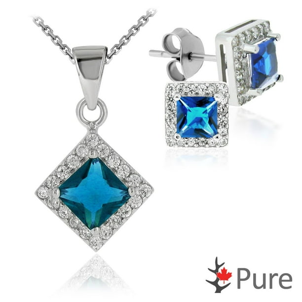 Pendentif et boucles d'oreilles Pure en forme de diamant en argent sterling avec ZC aquamarine carré, et une chaîne de 18 po