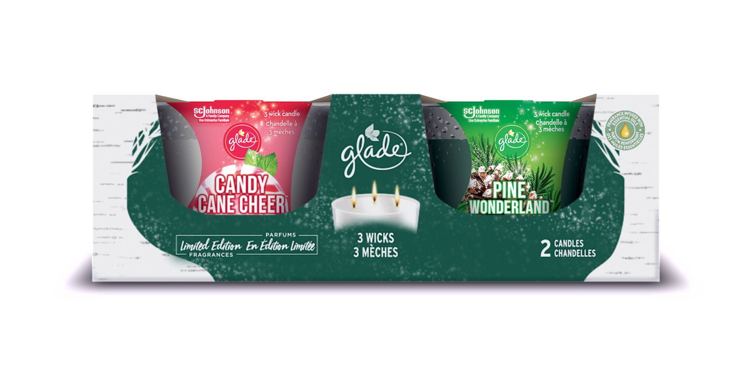 Glade 3 Wick Scented Candle Air Freshener, Pine Wonderland & Candy Cane