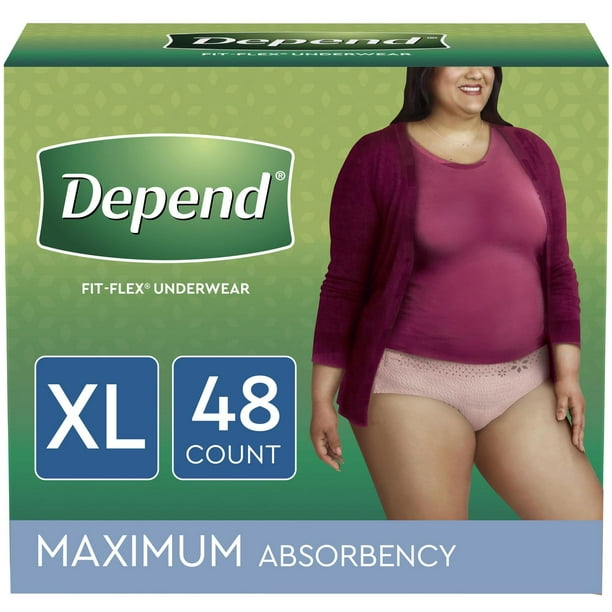 Depend FIT-FLEX Incontinence Underwear for Women, Maximum Absorbency, XL,  Blush, 48 Count 