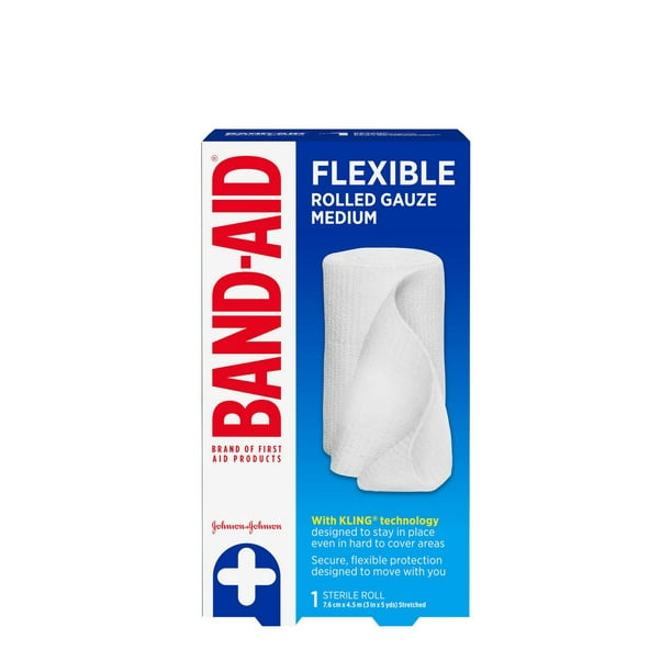 La gaze en rouleau flexible et stérile de marque Band Aid qui offre une protection sûre pour le soin des plaies mineures, absorption instantanée, moyenne, 7,6 cm par 4,5 m, 1 gaze 1 rouleau moyen stérile, 3 po x 5 vg