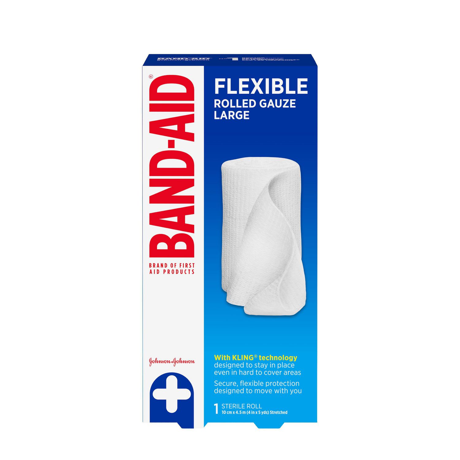 Band Aid Brand Flexible Secure Sterile Gauze Roll and Dressing for Minor Wound Care, Soft Padding and Instant Absorption, Large, 10 Centimeters by 4.5 Metres, 1 Count