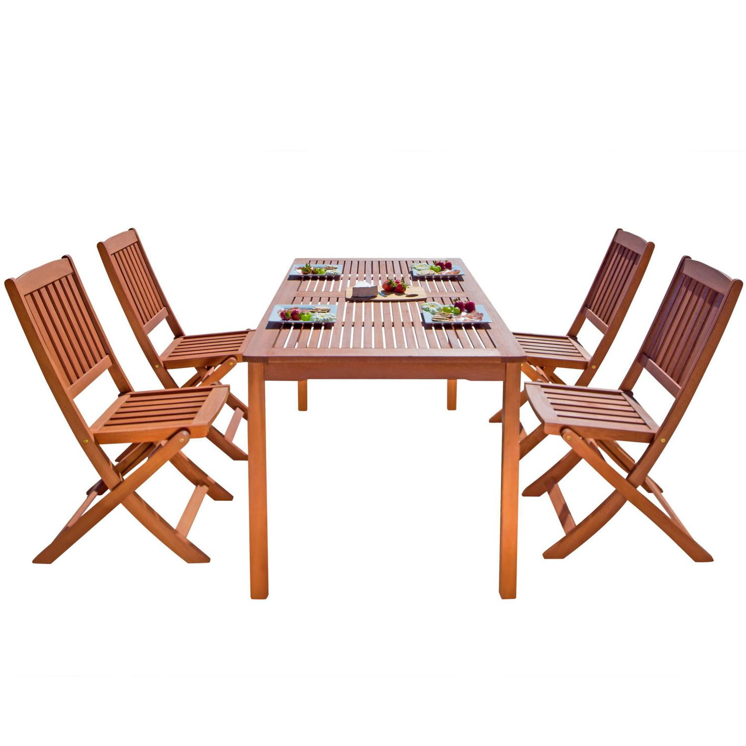 Malibu Outdoor 5 Piece Wood Patio Dining Set With Reclining Chairs