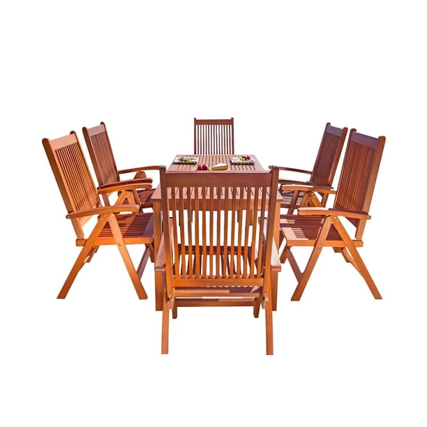 Malibu Outdoor Patio 7piece Wood Dining Set with Reclining Chairs