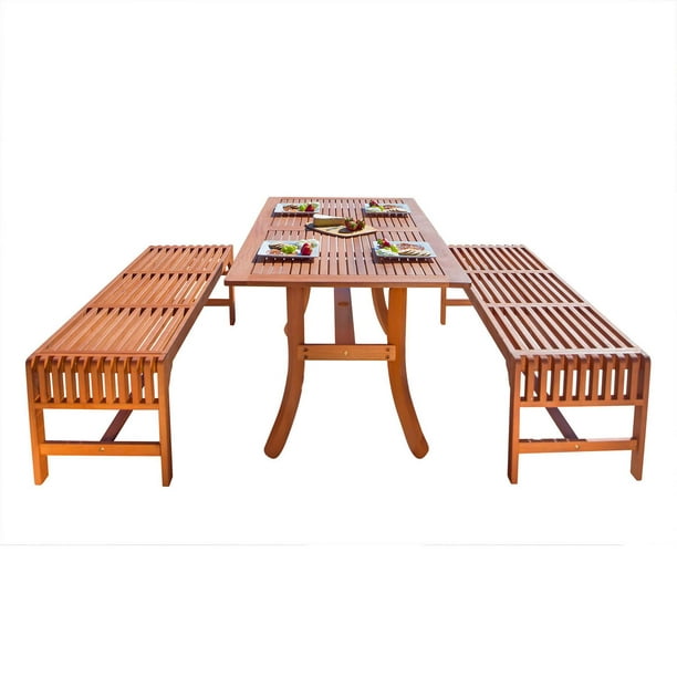 Ensemble de table à dîner de plein air en bois  Malibu 3 pièces avec chaises courbes et bancs pas de dossier